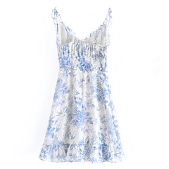 Light Blue Floral Print Ruffle Trim Spaghetti Strap Mini Dress