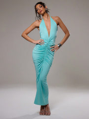 Midnight Muse: Ruched Maxi Dress with Extreme Plunge