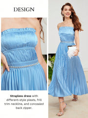 Mint Green Elegance: Premium Solid Frill Trim Pleated Tube Dress