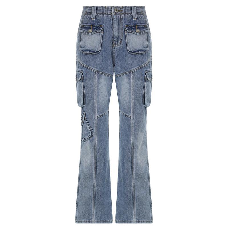 American washed multi-pocket jeans pants