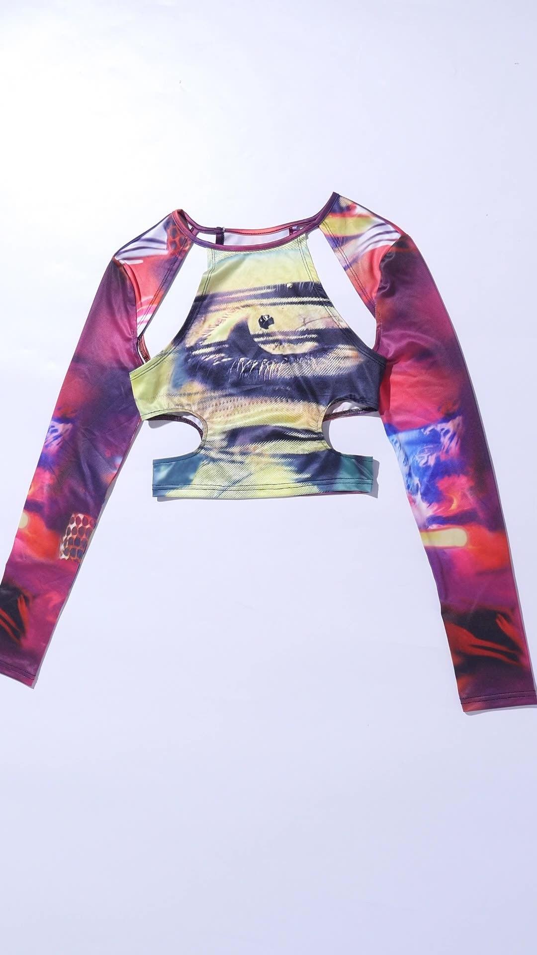 American print navel-cut long-sleeved T-shirt