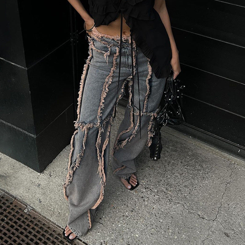 American street style raw-edge split jeans