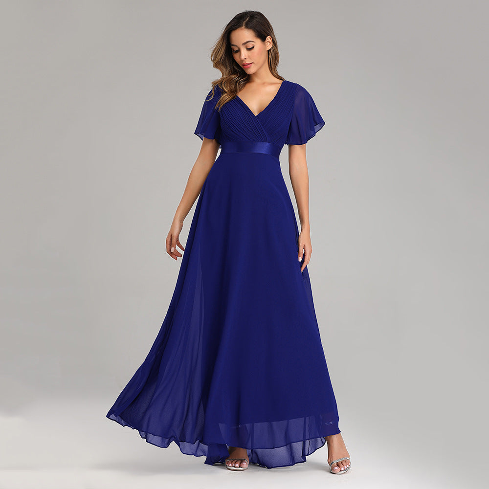 Plus Size V Neck Ribbon Waist Formal Evening Dress With Sleeves
