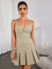 Pleated Bodycon Cami Dress with Removable Belt at Neckline