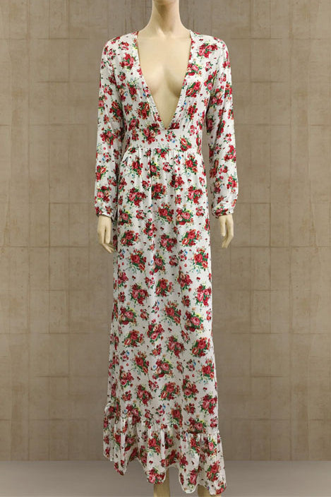 Plunging Long Sleeve Floral Maxi Dress