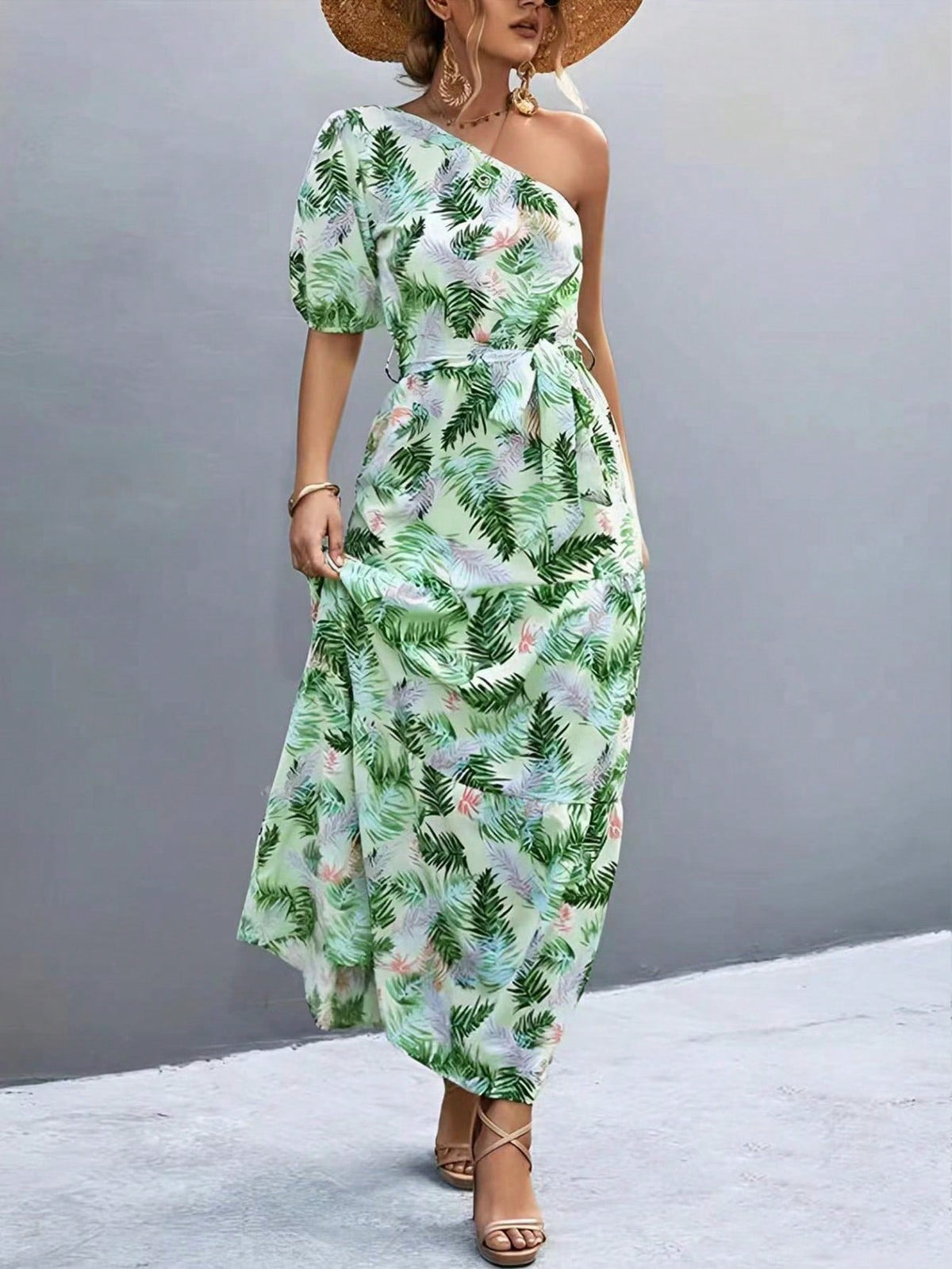 Random Floral Print Asymmetrical Neckline Sleeveless Dress with Belt for Summer