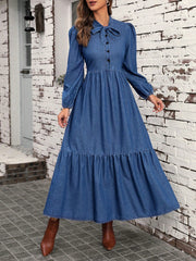 Retro-Chic Denim Dress: Lantern Sleeve & Ruffle Hem