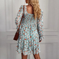 Floral Print Smocked Square Neck Dress