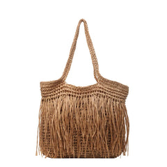 Elegant Straw Tote with Tassel Fringe