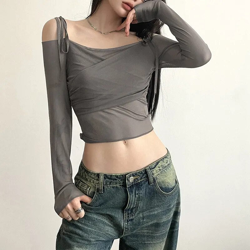 Fairy Core Off-Shoulder Mesh T-shirt