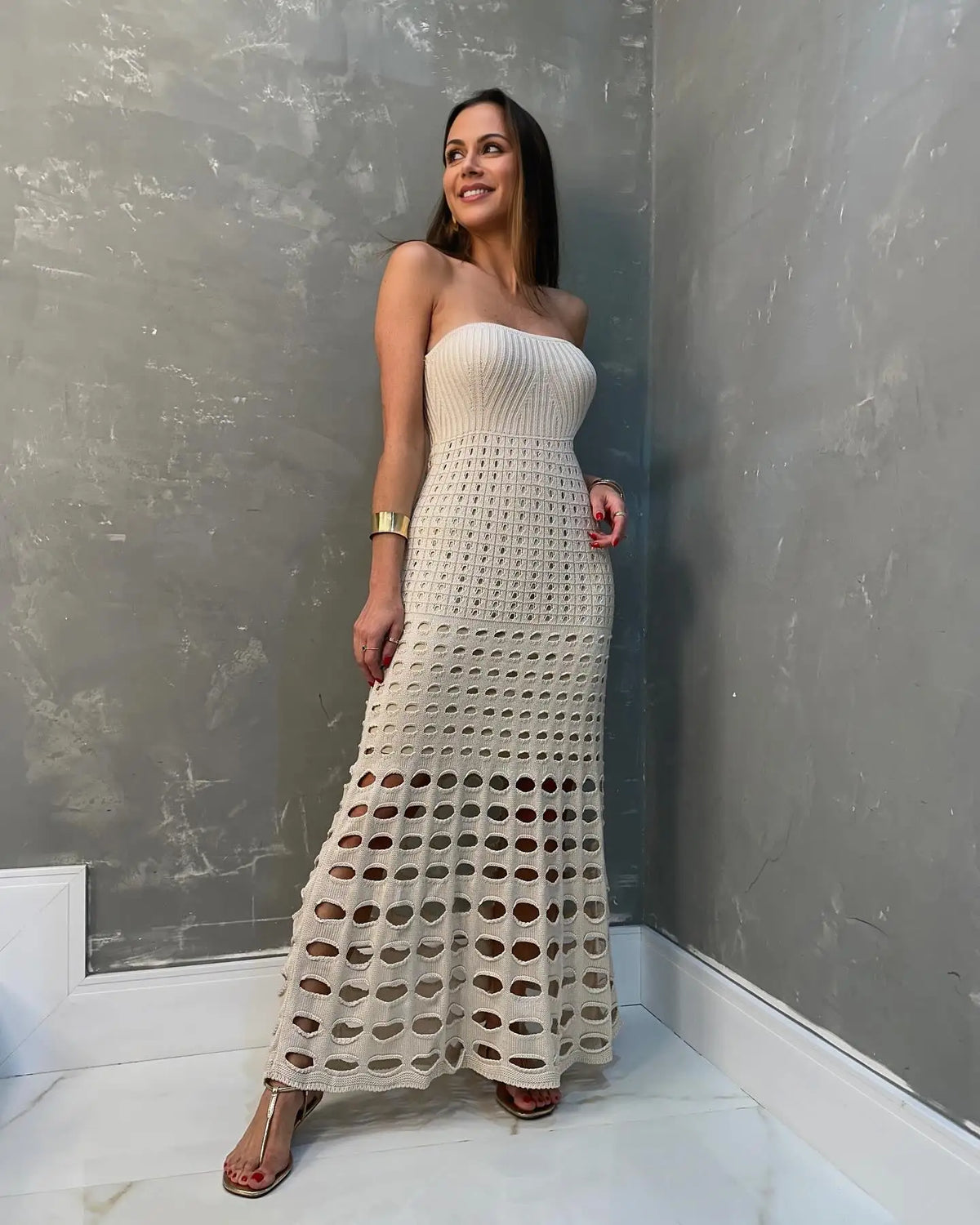 Elegant Hollow Knit Beach Dress Strapless
