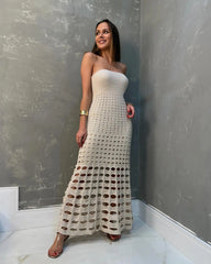 Elegant Hollow Knit Beach Dress Strapless