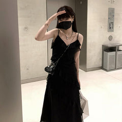Fairy Grunge Ruffles Maxi Dress with Lace Patchwork