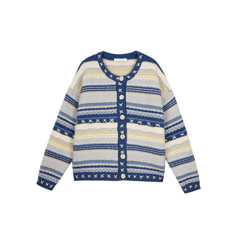 Blue V-Neck Knitted Cardigan