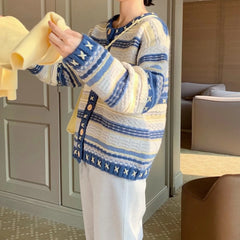 Blue V-Neck Knitted Cardigan