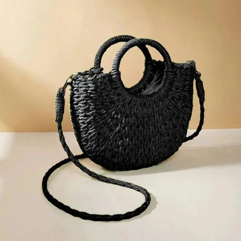 Handwoven Straw Rattan Half-Moon Beach Handbag