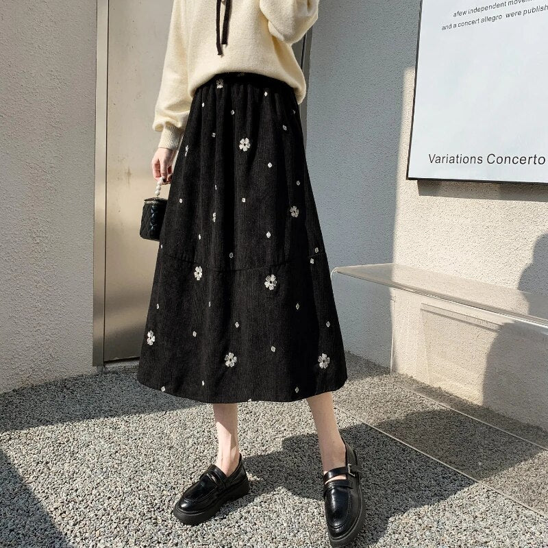 Corduroy Floral Embroidery Midi Skirt