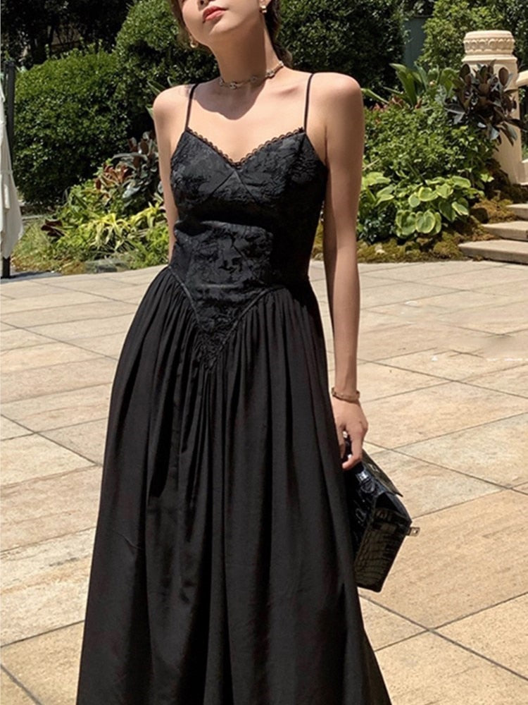 Dark Vintage Spaghetti Strap Midi Dress