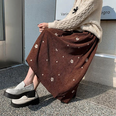 Corduroy Floral Embroidery Midi Skirt