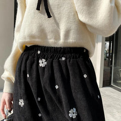 Corduroy Floral Embroidery Midi Skirt