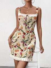 Satin Splendor: Tie-Front Jacquard Bodycon Dress with Ruffles Hem