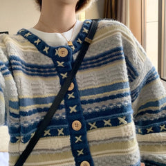 Blue V-Neck Knitted Cardigan