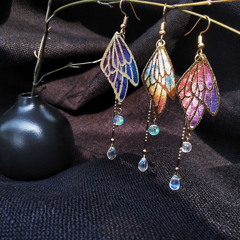 Fairycore Enamel Butterfly Tassel Drop Earrings