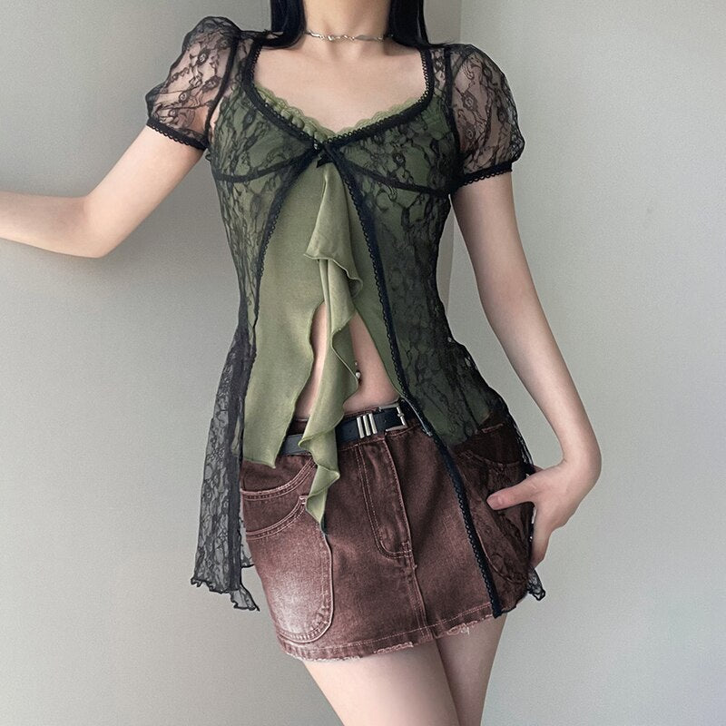 Goblincore Floral Crochet Smock Top