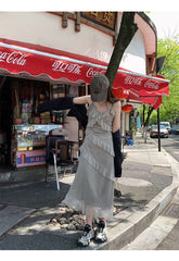 Fairy Grunge Ruffles Maxi Dress with Lace Patchwork