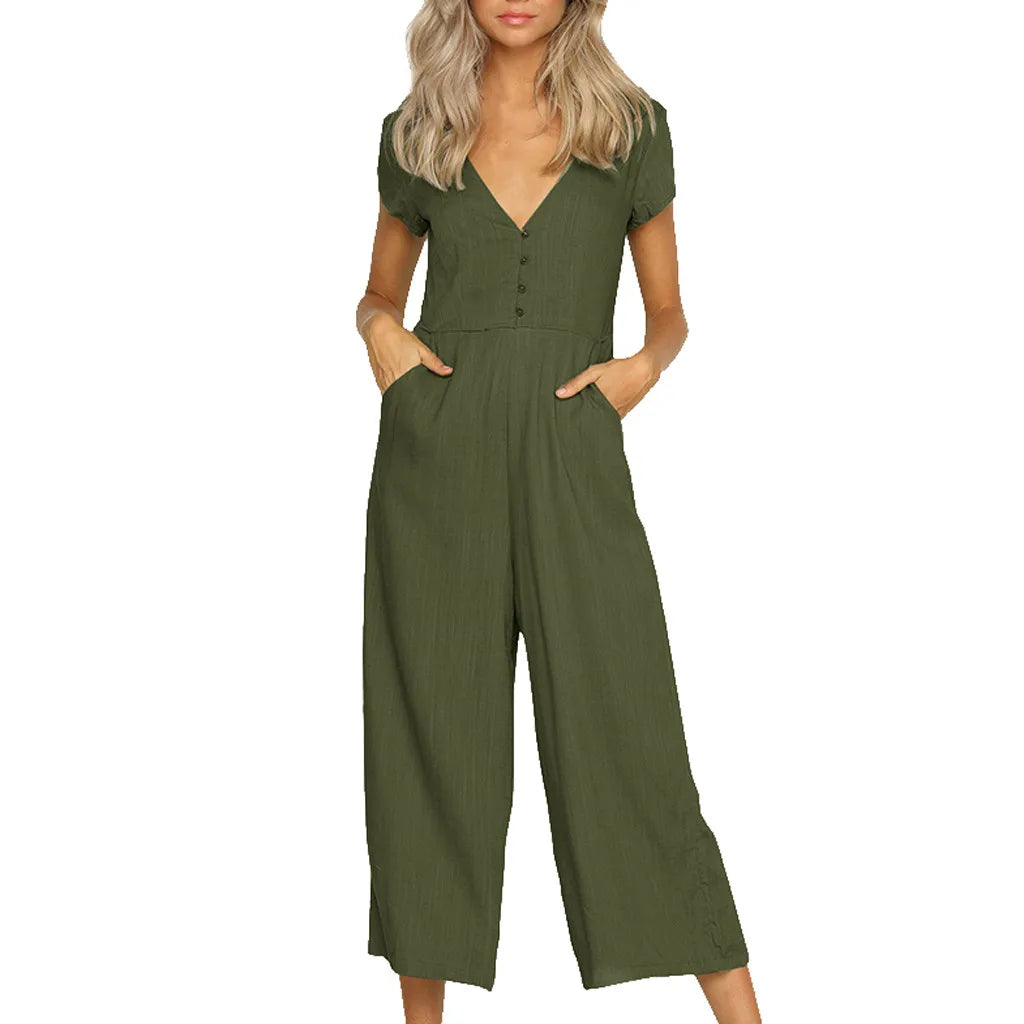 Olive Green Button-Up Wide-Leg Jumpsuit