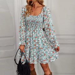 Floral Print Smocked Square Neck Dress