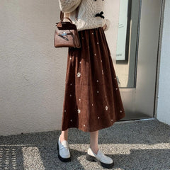 Corduroy Floral Embroidery Midi Skirt