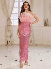 Shimmering Belle: Sequin Patchwork Pleated Evening Dress