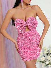 Sparkling Pink Sequin Bow-Front Bodycon Dress