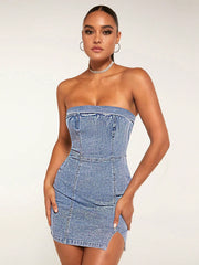 Summer Chic: Women's Strapless Split Hem Denim Dress