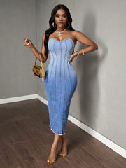Sunset Dreams: Strapless Gradient Denim Dress for Women