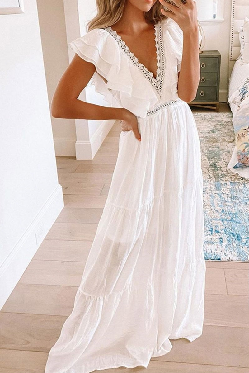 White Plunging Sleeveless A-Line Maxi Dress – Toadds