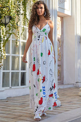 White Print Spaghetti Straps A-Line Maxi Dress