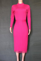 Women's Pink Mid Length Sweater Knit Solid Color Pleated Dress