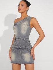 Women's Fashion: Sexy Vintage Asymmetrical Denim Dress with Cinched Waist