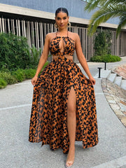 Women's Summer Halter Neck Dress - All Over Print, Side Slits, Open Back - Sexy Style