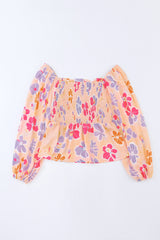 DRAFTED - PLUS SIZE - Pink Plus Size Floral Puff Sleeve Smocked Peplum Top