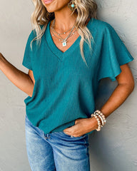 Crinkled V Neck Wide Sleeve T-shirt
