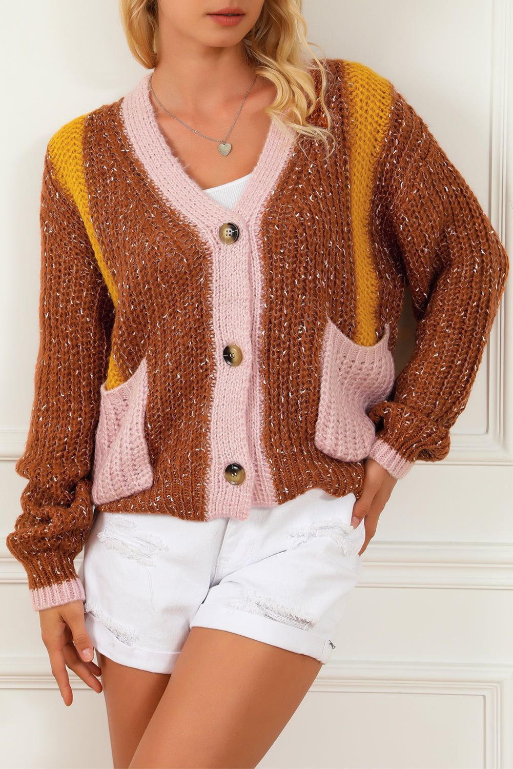 Colorblock Buttoned Sweater Cardigan w/Pockets