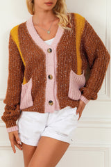 Colorblock Buttoned Sweater Cardigan w/Pockets