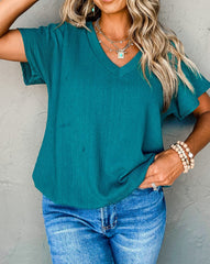 Crinkled V Neck Wide Sleeve T-shirt