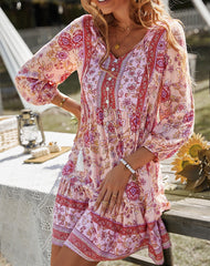 Fashion V neck Vest Print Off shoulder Half sleeve Shift Dresses