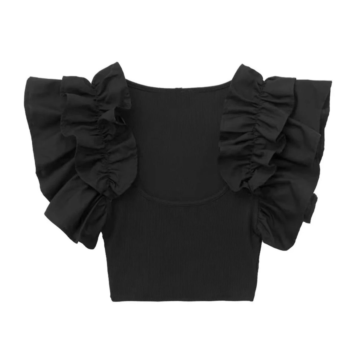 Black Ruffle Puff Sleeve Crop Top