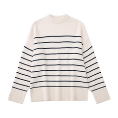 Light Beige Striped Cotton Pullover Sweater