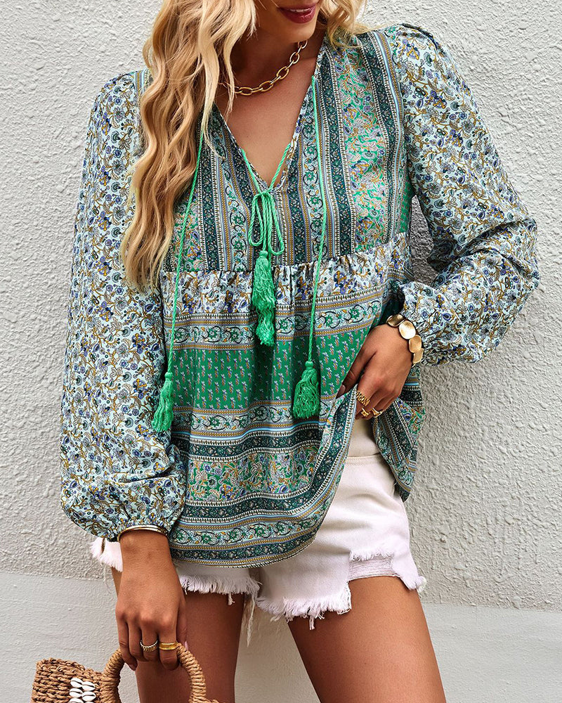 Casual Boho V Neck Top Loose Floral Print Long Sleeve Beach Shirt